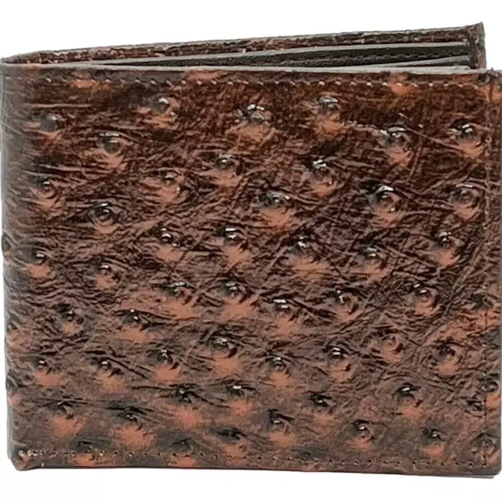 CLEARANCE Brown Genuine Leather Bifold Wallet Ostrich Skin Pattern